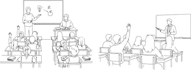 Classroom scene with teacher and students, black and white illustration
