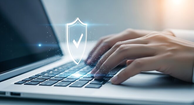 Person typing on a laptop with a glowing shield and checkmark icon technology security