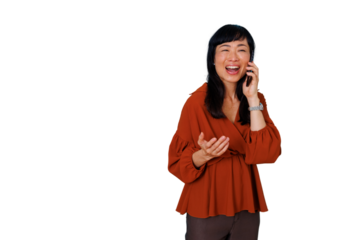 Asian woman laughing during mobile phone call, having fun talking, smiling with happiness, transparent background
