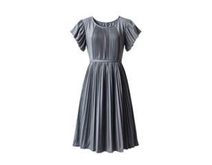 Elegant Grey Pleated Midi Dress with Short Sleeves
