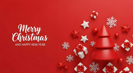 Merry Christmas and Happy New Year Banner with Minimal 3D Red Tree White Gift Boxes Snowflakes and Stars on a Red Background
