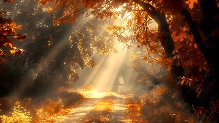 A vivid autumnal forest scene with sunlight filtering through the leaves, creating a warm, golden glow. The trees are adorned with a myriad of orange and yellow leaves.