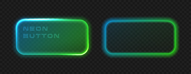 Neon glowing green blue rectangle button isolated. Set glow vector frame. UI light box banner on black