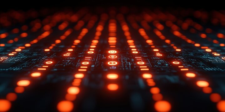 Dynamic digital data stream with glowing binary code and circuit board patterns