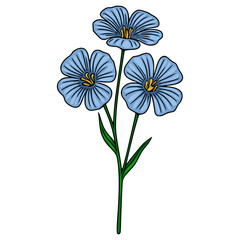 Stylized blue flax flowers with vibrant yellow centers and green stems, presented as a clean vector illustration on a white background.