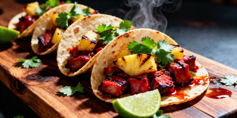 Sizzling al pastor tacos with grilled pineapple and fresh cilantro, steaming hot and ready to be devoured on a rustic wooden board.