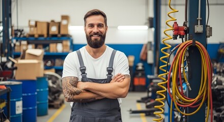 Confident mechanic with tattooed arms, smiling confidently in a well-equipped auto repair workshop, ready to tackle any automotive challenge.