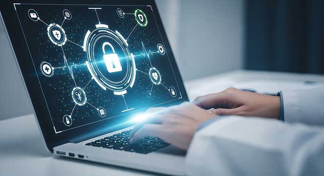 Laptop screen displaying medical security icons and a central lock symbol healthcare