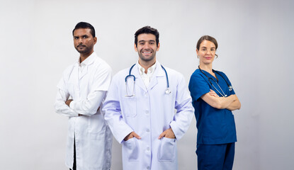 Hispanic man doctor leader, Portrait of Professional Healthcare staff Team. Male and female Doctor and nurses medicals staff. Professionalism successful teamwork and Unity