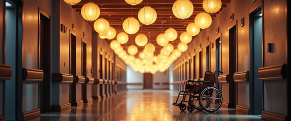 Wheelchair parked in illuminated corridor of modern hospital  