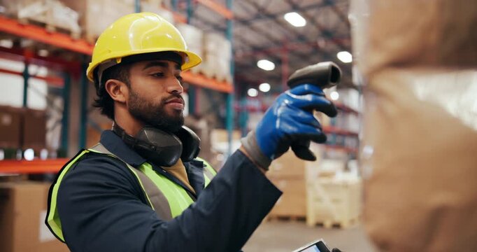 Happy man, tablet and scanner with inventory in warehouse for price check, storage or distribution. Male person, employee or checklist with technology, barcode or inspection for supply chain in depot