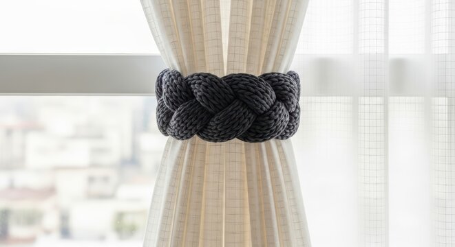 Elegant navy blue rope tieback on beige window curtain in sunlit room