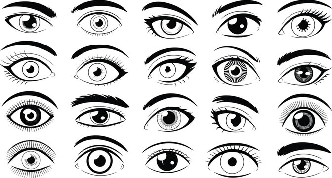Stylized human eye illustrations, black and white eye sketches, expressive eye designs, character design elements, visual storytelling, artistic anatomy reference