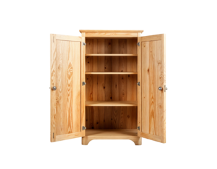 Open Wooden Cabinet with Multiple Shelves on Transparent Background