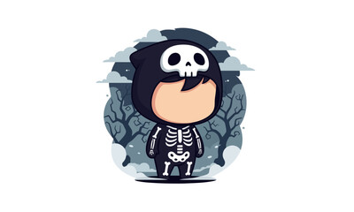 Chibi Skeleton Costume Kid Halloween Illustration with Foggy Forest Background