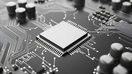 Monochrome image showcasing a central processing unit (CPU) with intricate circuit patterns and cylindrical components on a dark surface, highlighting technology.