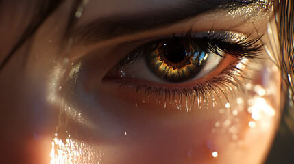 Close-up of teary eyes with glistening lashes under cinematic lighting 