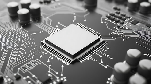 Monochrome image showcasing a central processing unit (CPU) with intricate circuit patterns and cylindrical components on a dark surface, highlighting technology.