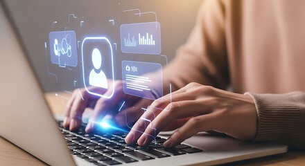 Person using laptop with digital user profile and data visualization interface digital interface