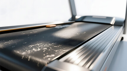 A high-detail close-up of a treadmill belt, capturing the texture and speed with a slight motion blur and bright light reflection.