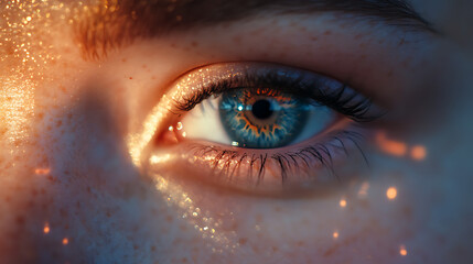 Close shot of joyful eyes with subtle wrinkles and light sparkles 