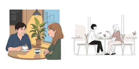 Vector illustration: People chatting in cafes design set