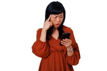 Asian woman feeling confused and worried while looking at smartphone, experiencing surprise or problem, transparent background