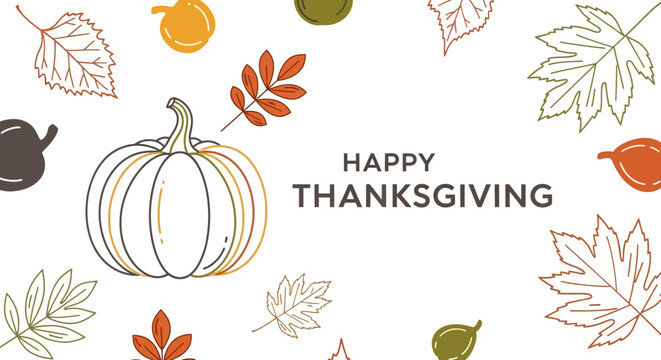 Happy Thanksgiving greeting card with a line art pumpkin and colorful autumn leaves on a white background.