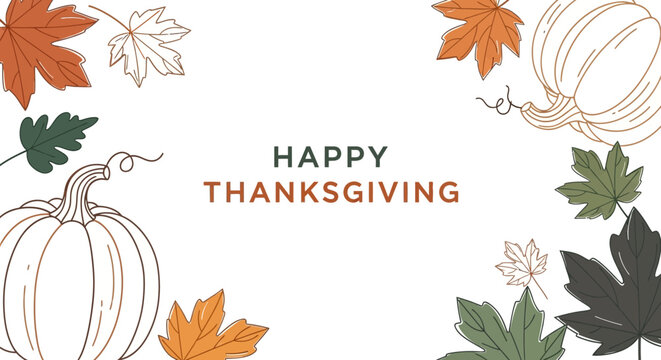 Happy Thanksgiving greeting card with pumpkins and autumn leaves illustration.