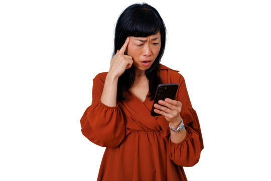 Asian woman feeling confused and worried while looking at smartphone, experiencing surprise or problem, transparent background