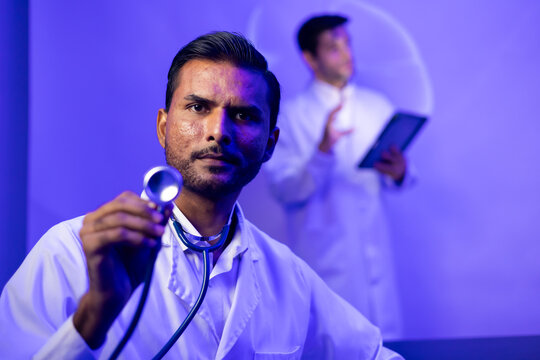 stethoscope audiance indian man doctor, Medical Training Presentation. Hospital Medical Research. nurse and healthcare professional meeting sitting boardroom, Planning and brainstorming health