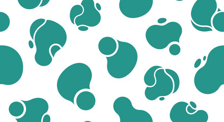 Contemporary graphic design featuring a seamless pattern of organic teal blobs and fluid shapes for a modern abstract background