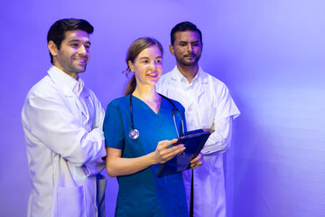 tablet mockup on screen for advertising. Portrait of Professional Healthcare staff Team. Male and female Doctor and nurses medicals staff. Professional successful teamwork and Unity