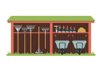 A flatstyle illustration of garden tools stored in a wooden shed