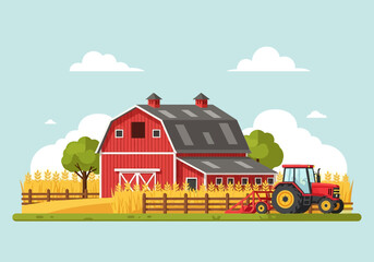 A red barn with a dark roof surrounded by dry wheat a wooden fence and a red tractor