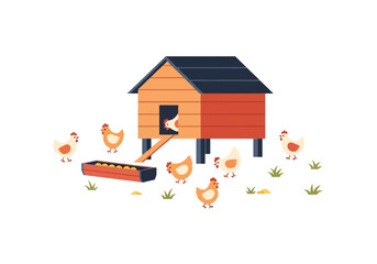 Cartoon illustration of a wooden chicken coop with several chickens and a feeder