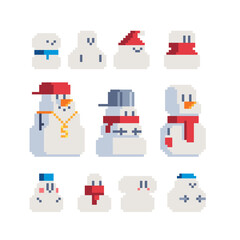Obraz premium Pixel funny snowmen in different hats and scarves set. Winter 8-bit character collection for Christmas and New Year design, retro games, and festive decoration projects.