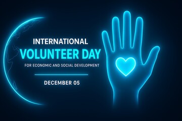 Fototapeta premium International volunteer day neon hand with heart and text