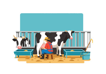 Farmer handmilking a black and white cow inside a barn stall