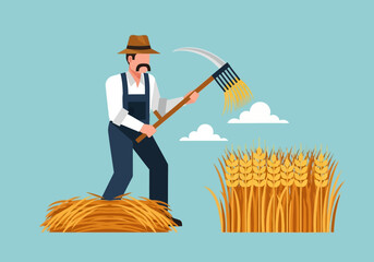 Farmer harvesting wheat with a scythe against a light blue sky
