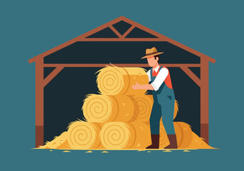 Farmer stacking round hay bales inside an opensided barn structure
