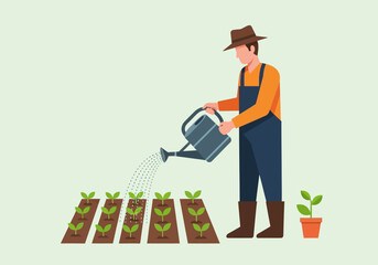 Farmer watering small sprouts in brown garden beds with a watering can