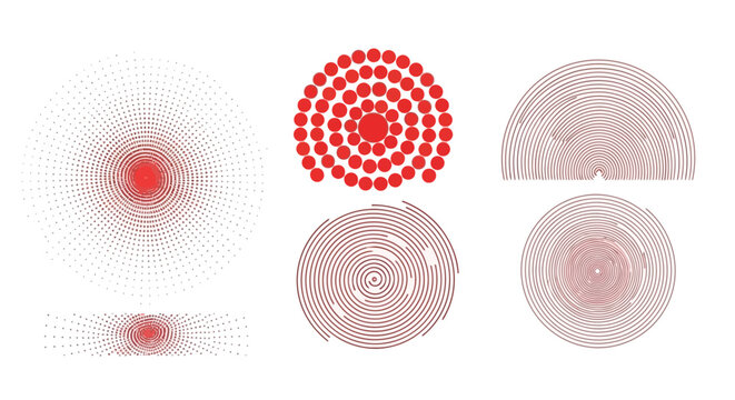 Diverse set of abstract red circular and radial patterns, including dot arrangements and swirling line art, ideal for modern graphic design projects
