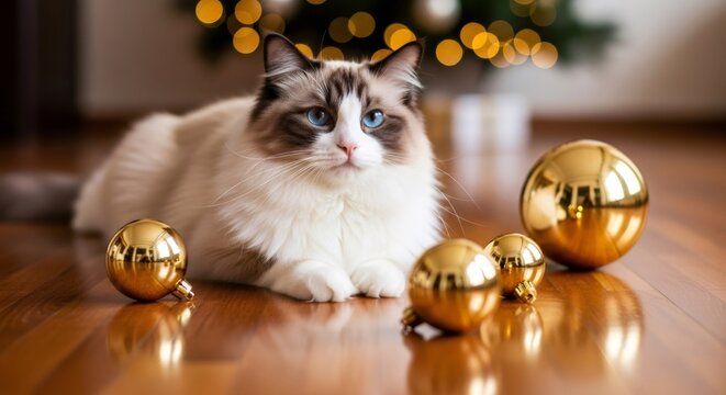 Cute ragdoll cat with blue eyes lying on wooden floor near golden Christmas bauble. Cozy winter celebration for pet during New Year holiday. - Powered by Adobe