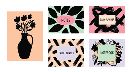 A stylish collection of modern stationery design concepts, including abstract planner covers and a floral vase silhouette