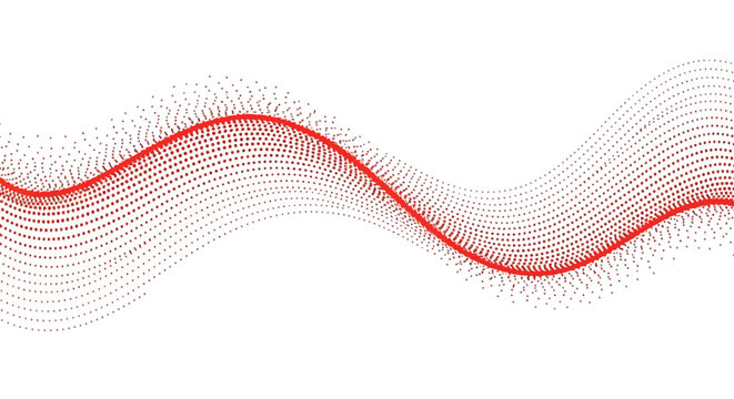Dynamic abstract red waveform with flowing particle trail, evoking concepts of energy, data movement, or sound frequency against a pristine white backdrop
