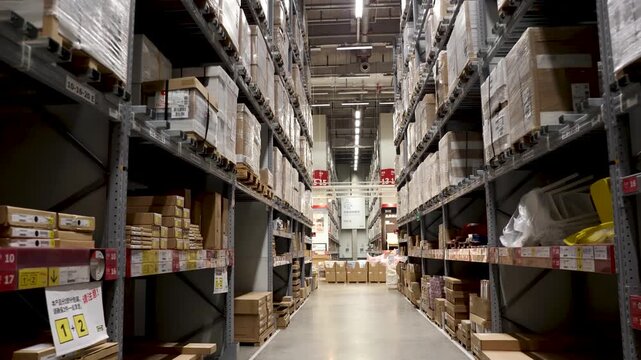 Modern warehouse storage facility with organized inventory shelving and logistics packaging systems
