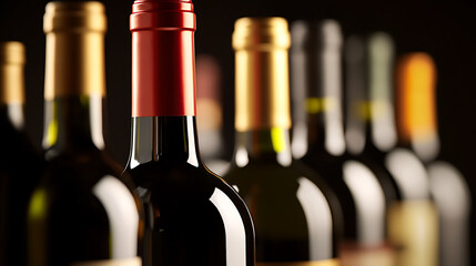 A classy array of wine bottles, displaying rich reds and shimmering gold tops. The soft focus accentuates depth, hinting at diverse vintages and sophisticated tastes. A still life for connoisseurs.