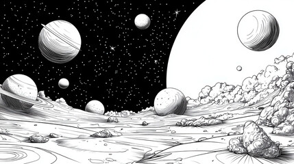 Cosmic landscape featuring various planets, stars, and clouds in black and white illustration. scene evokes sense of wonder and exploration