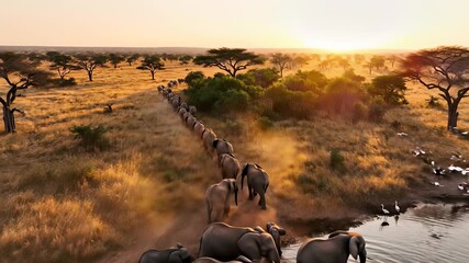 Majestic African elephant herd roams freely in serene landscape, gathering at watering hole as sun sets, casting warm golden light on lush field, perfect for visuals evoking feelings of peace.